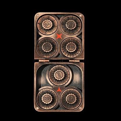 7 in 1 Spinner Metal DND Dice Set subitable for Dungeons & Dragons –Hand-Carved Dragon Design in Magnetic Iron Box （Copper） - color: Openable-copper