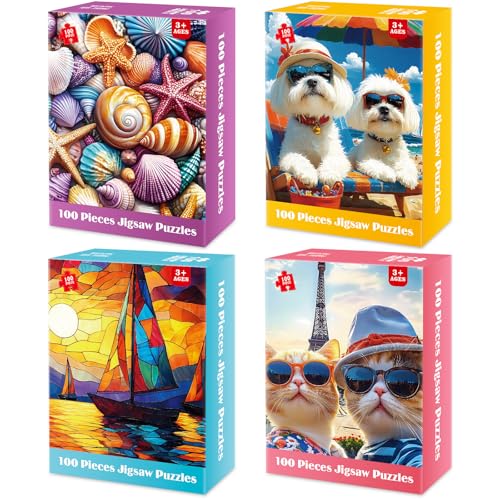 4 Packs 100 Piece Puzzle - Shells Sailboat Cats Dogs Jigsaw Puzzles, 100 Piece Puzzles for Adults Seniors Kids Puzzles for Kids Ages 4-6 6-8 8-10 Educational Puzzle Toys 15"x11" - style: Shells Sailboat Cats & Dogs