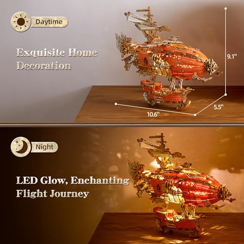 FUNPOLA LED 3D Wood Puzzle Fantasy Airship Model - Steampunk DIY Craft Kit with LED Lights – Intricate Wooden Airship Model Building Set for Adults(Orange) - color: Orange