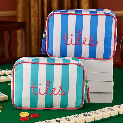 Sanwuta 1 Pcs Mahjong Tile Bag with Zipper,Dark Blue,Striped | Embroidered Mahjong Case for 166 American Mahjong Tiles (1.2") Portable Bags for Board Game Party Gathering Travel - color: Dark Blue, style: Classic