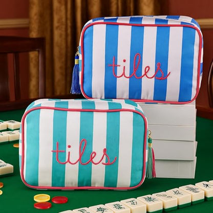 Sanwuta 1 Pcs Mahjong Tile Bag with Zipper,Dark Blue,Striped | Embroidered Mahjong Case for 166 American Mahjong Tiles (1.2") Portable Bags for Board Game Party Gathering Travel - color: Dark Blue, style: Classic
