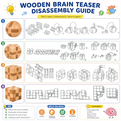 4 Pack Wooden Puzzle Games Brain Teasers Toy- 3D Puzzles for Teens and Adults - Wooden Logic Puzzle Wood Snake Cube Magic Cube Magic Ball Brain Teaser Intellectual Removing Assembling Toy