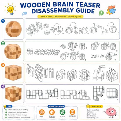 4 Pack Wooden Puzzle Games Brain Teasers Toy- 3D Puzzles for Teens and Adults - Wooden Logic Puzzle Wood Snake Cube Magic Cube Magic Ball Brain Teaser Intellectual Removing Assembling Toy