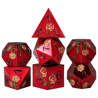 Rose Engraved Metal Dice Set 7PCS for DND RPG Tabletop Gaming | Solid zinc alloy build with 150g weight for balanced rolls(Red with Golden Rose) - color: Red With Golden Rose