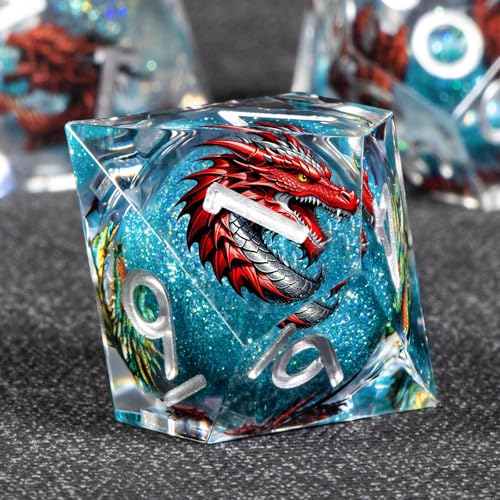 KERWELLSI Liquid Core Dragons Pattern Dice, Resin DND Dice Set with Gift Box, Blue Sharp Edged Dungeons D&D Dice, Role Playing Game Dice D20 D12 D10 D8 D6 D4 - color: Blue