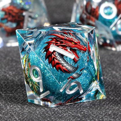 KERWELLSI Liquid Core Dragons Pattern Dice, Resin DND Dice Set with Gift Box, Blue Sharp Edged Dungeons D&D Dice, Role Playing Game Dice D20 D12 D10 D8 D6 D4 - color: Blue