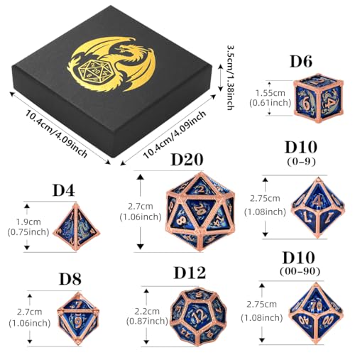 Metal Dice Set, Fly Dragon Pattern, 7pcs Polyhedral Metal DND Dice Set, DND Starter Set, D&D Gifts with Gift Box, Role Playing Board Games Accessories, Blue ﻿ - color: Blue