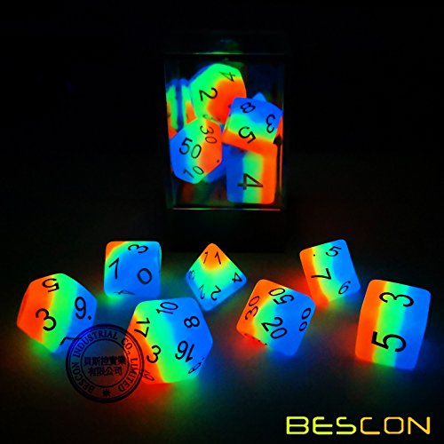 Bescon Glowing Polyhedral Dice 7pcs Set French KISS, Luminous RPG Dice Glow in Dark, DND Role Playing Game Dice - color: French Kiss
