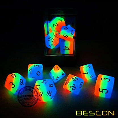 Bescon Glowing Polyhedral Dice 7pcs Set French KISS, Luminous RPG Dice Glow in Dark, DND Role Playing Game Dice - color: French Kiss