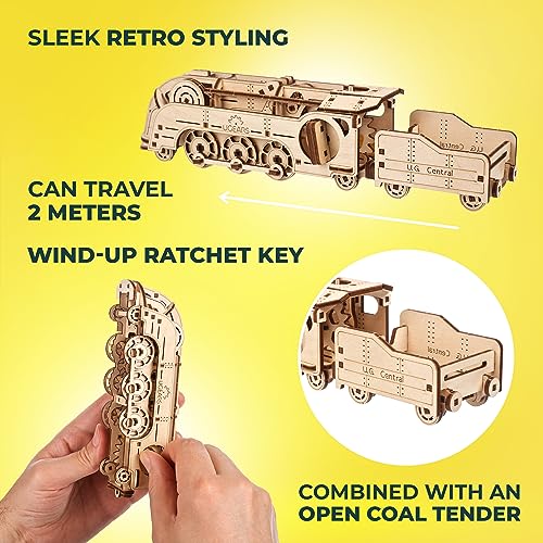 UGEARS Mini Locomotive 3D Wooden Puzzles for Adults - Wood Models for Adults to Build - Easy DIY Crafts for Adult Wooden Train Model Kit - Rubber Band-Powered Mechanical Puzzles - color: Mini Locomotive