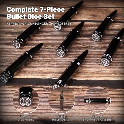 CZYY Rifle Bullet Dice Set, Metal 7 Polyhedral Dice Set for Tabletop Games | D4 to D20 & D%, Spinning Cylinder-Style Case, Cartridge Holder Belt, Gift for RPG Players & Collectors, Black - color: Black