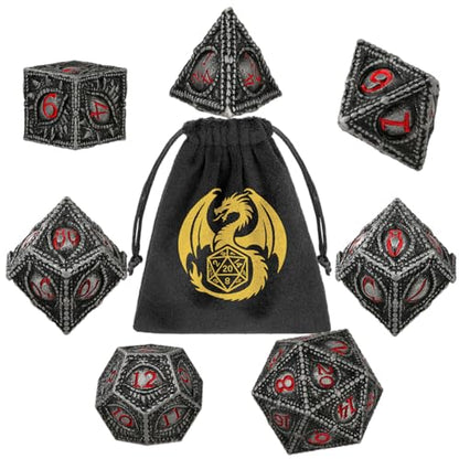 Metal Dice Set, Dragon Eye Theme, 7pcs Polyhedral Metal DND Dice Set, DND Starter Set, D&D Gifts with Gift Bag, Role Playing Board Games Accessories, Red Black Silver - color: Red Black Silver With Gift Bag