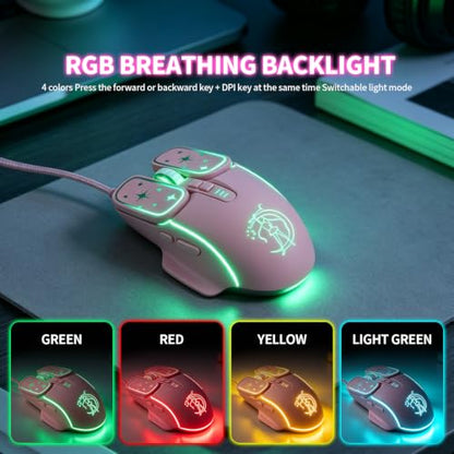 Wired Gaming Mouse, Lightweight USB Optical Computer Mice with 7 Buttons, 4 Adjustable DPI (1200-7200), Ergonomic Shape for Computers and Laptops, Pink - color: Pink
