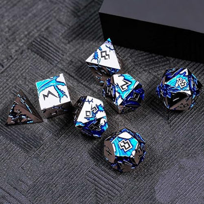 D&D Metal Dice Set, 7 Die Weighted Polyhedral Dice for Dungeons and Dragons and Pathfinder, Blue Dragon Engraved RPG Dice with Easy Read Numbers & Protective Gift Box for Tabletop Role Playing Games - color: Silver Black