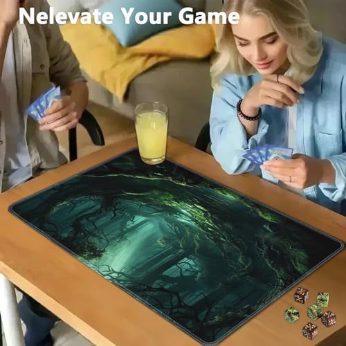 JVGFYNKL MTG Playmat + Drawstring Travel Pouch + 6 Dice Counter, for Tabletop Trading Card Game Playmats or Large Mouse Pad, Anti-Slip Rubber 24 x 14 in, Green Forest TCG Playmat - color: JV-Playmat-1-F-171