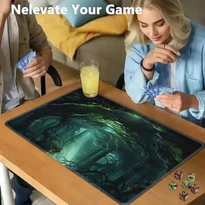 JVGFYNKL MTG Playmat + Drawstring Travel Pouch + 6 Dice Counter, for Tabletop Trading Card Game Playmats or Large Mouse Pad, Anti-Slip Rubber 24 x 14 in, Green Forest TCG Playmat - color: JV-Playmat-1-F-171