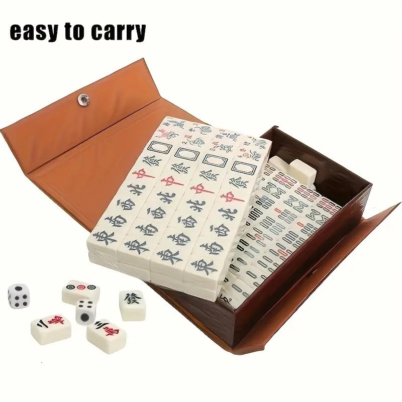 Portable Mini Chinese Mahjong Set with 146 Melamine Tiles Compact Brown Carrying Case for Camping, Family Game Night Camping, Beach & Halloween Christmas Easter Party