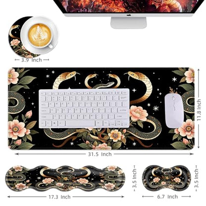 Mouse Pad,Large Desk Mat Set, 4in1 XL Mousepad + Keyboard Wrist Rest+Mouse Wrist Rest+Coaster with Ergonomic Desk Pad for Home Office Table Computer Cover -Aesthetic Snake Floral - color: Aesthetic Snake Floral