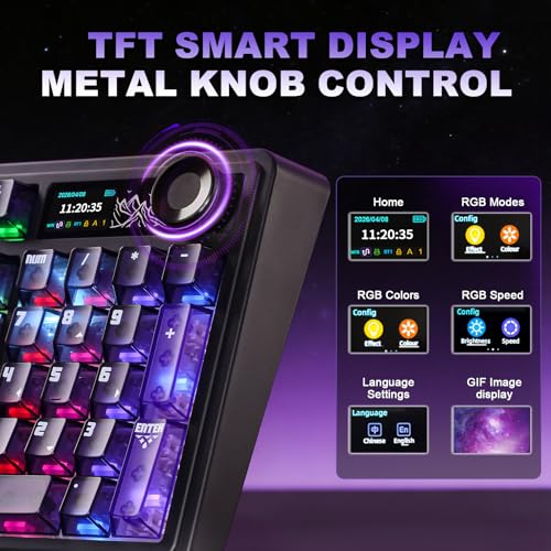 AJAZZ AK980 V2 Pro Mechanical Keyboard, 10000mAh Battery & Dual 8K Tri-Mode Gaming Keyboard with LCD Screen & Metal Knob, Hot Swappable Creamy Keyboard,for Win/Mac(Purple,Lychee Switch) - color: Purple