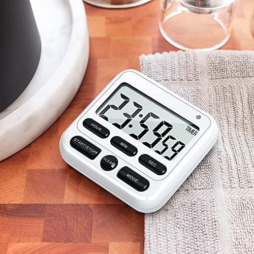 4-in-1 Digital Timer with Count Up/Down, Clock & Alarm, Ring & Silent Modes | Large 2.8-Inch easy-read LCD, On/Off switch, 24-Hour count up/down, Fast-forward function, Magnetic back, stand, hanging hole - color: White