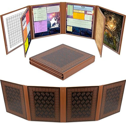 CASEMATIX DM Screen Faux Leather 8-Panel Deluxe GM Screen - Eight Panel Folding Game Master Screen with 2 Swinging Panels and Wet Erase Pockets for TTRPGs, Inserts Not Included, Brown - color: Brown