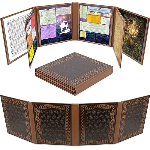 CASEMATIX DM Screen Faux Leather 8-Panel Deluxe GM Screen - Eight Panel Folding Game Master Screen with 2 Swinging Panels and Wet Erase Pockets for TTRPGs, Inserts Not Included, Brown - color: Brown