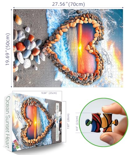 MINIWAN 1000 Piece Ocean Sunset Heart Stone Beach Jigsaw Puzzle | Adults & Seniors, 27.5"x19.7", Letters on Back, Reference Poster - color: Heart-shaped Sunset