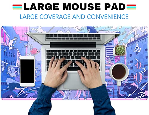 Anime Kawaii Desk Mat Mousepad Cute Japanese Large Gaming Mouse Pad XXL, Pastel Aesthetic Purple Blue Laptop Keyboard Mouse Mat, Magical Fantasy City Girl Gamer Computer Desktop Mat 31.5x15.75 in - color: Blue Purple City Boy