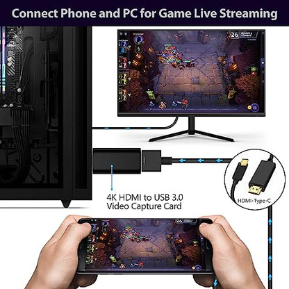 4K HDMI to USB 3.0 Video Capture Card, 4K Cam Link Card Game Capture Card Adapter Screen Record Capture Device for Streaming, Gaming, Video Conference, Teaching, Live Broadcasting