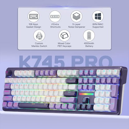 Redragon K745 PRO Wireless Gasket RGB Gaming Keyboard, 108 Keys Mechanical Keyboard w/Extra 4 Hotkeys, Hot-Swap Socket, 5-Layer Noise Dampening, See-Through Round PBT Keycaps, Mint Mambo Switch - color: Charming Purple, size: 108 Keys