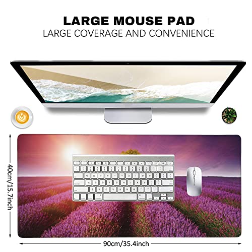 Stunning Lavender Field Landscape Extended Gaming Mouse Pad Large Desk Mat with Non-Slip Rubber Base and Stitched Edges,Keyboard Mouse Mat Desk Pad for Work,Game,Office,Home 35.4 * 15.7 Inch - color: Stunning Lavender Field Landscape