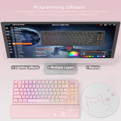 Womier 75% Pink Keyboard Wireless with Color Multimedia Screen | Creamy Mechanical Gaming Keyboard, 3-Modes Hot Swap Cute Key Board w/Wrist Rest, Gasket RGB Custom for Mac/Win (SK80 PRO) - color: Pink