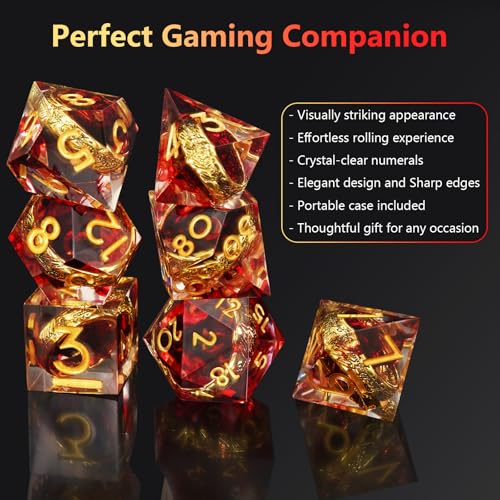 Golden Ring DND Dice Set, 7pcs D&D Polyhedral Sharp Edge Resin Dice with Box, Dice Set for Role Playing Dungeons and Dragons, Playing Games for D and D MTG RPG (Red) - color: Ring Red, style: Ring