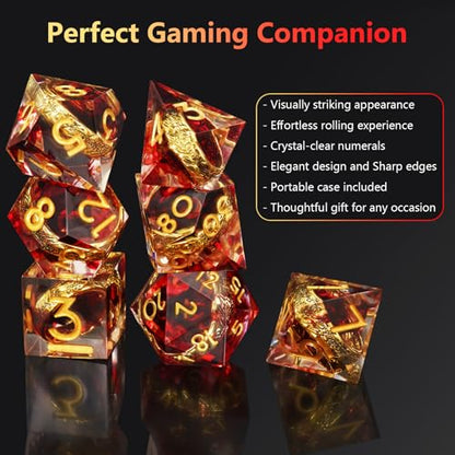 Golden Ring DND Dice Set, 7pcs D&D Polyhedral Sharp Edge Resin Dice with Box, Dice Set for Role Playing Dungeons and Dragons, Playing Games for D and D MTG RPG (Red) - color: Ring Red, style: Ring