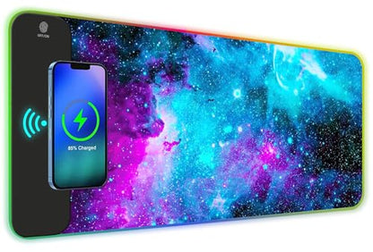 AIMSA Wireless Charging RGB Gaming Mouse Pad 15W, Extended LED Desk Mat Protector 800x300x4MM, 14 Light Modes Extra Large Mousepad Non-Slip Rubber Base Desk Mat, Galaxy Nebula Universe - color: Galaxy Nebula Universe