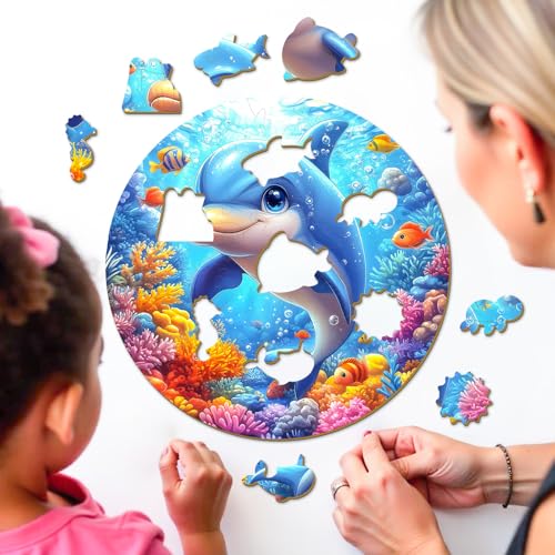 Ocean Wooden Puzzles for Kids - Blue Dolphin (11.4 * 11.4 in) | 50 Piece Puzzles for Kids Ages 6-8, Kids Puzzles with Unique Animal Shapes, Round Gift for Girls and Boys - color: Blue Dolphin