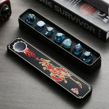 DNDND 7-Piece Glass Dice Set - Multifaceted Blue RPG Dice Set for DND, Tabletop Gaming, Collectors | Premium Gift Box & Durable Design (Blue) - color: Blue
