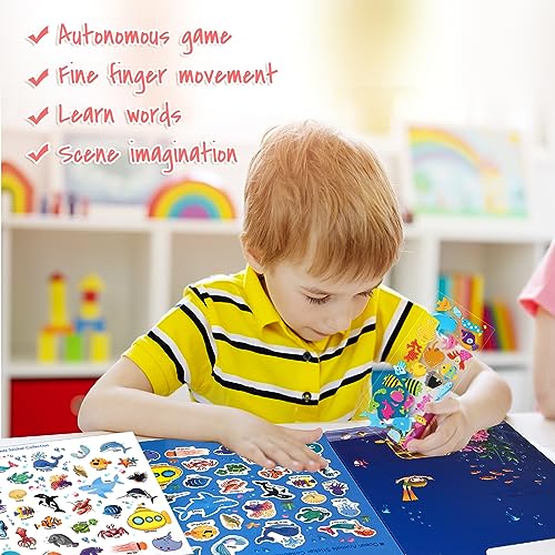 ASTARON Reusable Sticker Book for Toddlers, 88 Pcs Ocean Stickers Road Trip Activities Car Airplane Activities Travel Toys for Kids, Kids Quiet Time Activities (2-6 Age) - style: Ocean animals