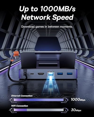 Steam Deck Dock, Baseus 6-in-1 Docking Station for Steam Deck/ROG Ally X/Legion Go with HDMI 2.0 4K@60Hz, Gigabit Ethernet, Adjustable Stand Design, 100W PD and 3 USB-A 3.0 Ports