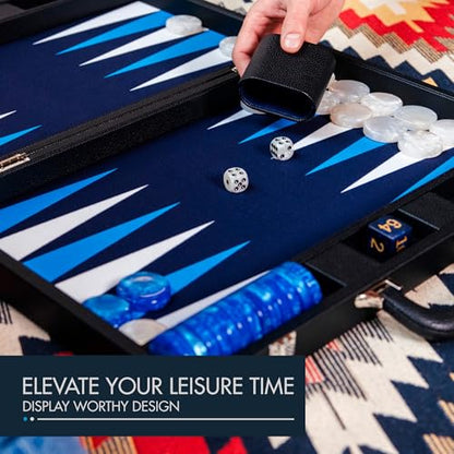 Pointworks 19 Inch Premium Backgammon Sets for Adults Leather Black - Blue. Premium 1.6 Inch Checkers & Dice Set, Travel Backgammon Set, Large, Backgammon Board Game, Backgammon Game Set - color: Black Case - Blue Field
