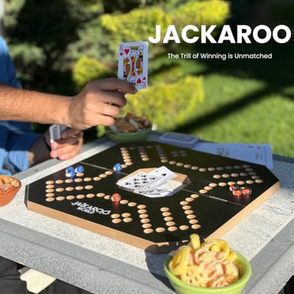 Jackaroo Board Game, 2-4 Player Jokers and Marbles Board Game, Solid Wooden Game with 16 Glass Marbles and 52 Cards, Marble Chase Game, Card and Marble Game, Foldable Board with Carry Bag (Black) - color: Black