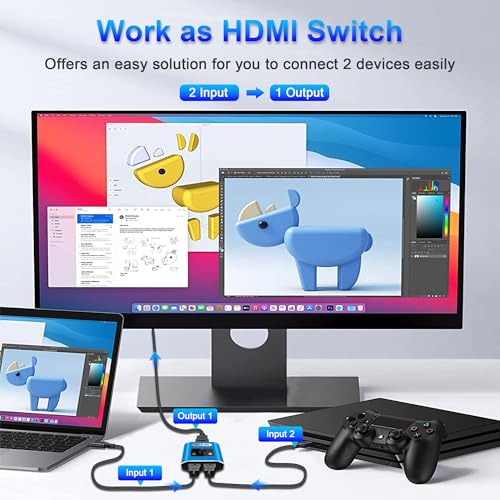 HDMI Switch Splitter 4K@60Hz, Aluminum Bi-Directional HDMI 2.0 Switcher, HDMI Splitter 1 in 2 Out/ 2 in 1 Out, Support 4K 3D HDR for Xbox, PS5/4/3, Fire Stick, Roku, HDTV, Projector, Computer (Blue) - color: Blue