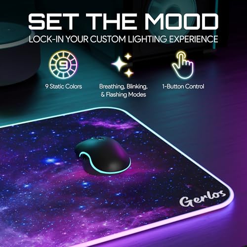 Gerlos RGB Gaming Mouse Pad, Large LED Desk Mat, 31.5 x 11.8 Inch | 12 light modes, non-slip base, water-resistant surface, stitched edges - color: Violet