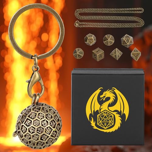 Mini DND Dice Set with Spherical 100-Sides Metal Cage Portable Keychain Necklace, Tiny 7pcs Polyhedral D&D Dice Set, DND Gifts with Gift Box, D&D Accessories for RPG, Bronze