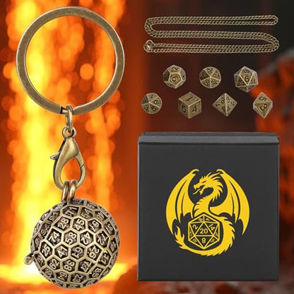 Mini DND Dice Set with Spherical 100-Sides Metal Cage Portable Keychain Necklace, Tiny 7pcs Polyhedral D&D Dice Set, DND Gifts with Gift Box, D&D Accessories for RPG, Bronze