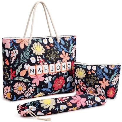 Soulchen 3 Pcs Empty Mahjong Bag Set American Mahjong Buckled and Zippered Carrying Bag with Handle, Tile case and Drawstring Protective Sleeve for Rack Game Travel Accessories Gift (Black Floral) - style: Black Floral