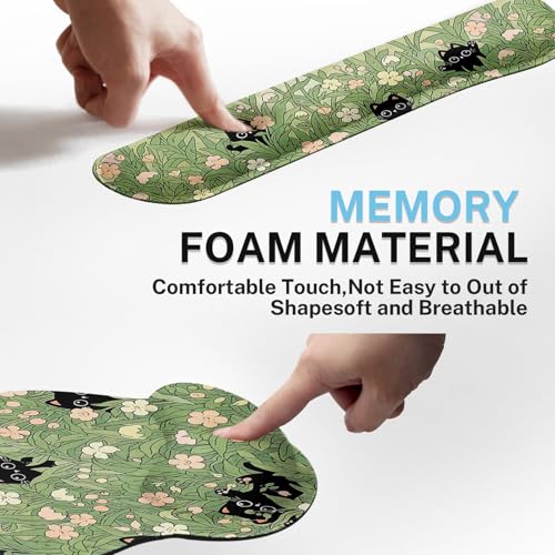 Arttown Cute Black Cat Desk Mat Pink Flower Green Leaves Mouse Pad Set 4 in 1 Ergonomic Design Large Desk Pad + Keyboard Wrist Rest + Mouse Wrist Rest + Coaster Suitable for Home Office Study Game - color: Black Cats
