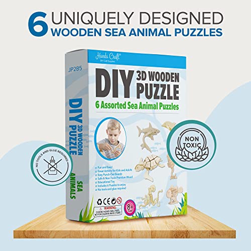 Hands Craft DIY 3D Wooden Puzzle – 6 Assorted Sea Animals Bundle Pack Set Brain Teaser Puzzles Educational STEM Toy Adults and Kids to Build Safe and Non-Toxic Easy Punch Out Premium Wood JP2B5 - color: Sea Animals