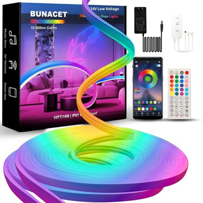 52FT LED Neon RGB+IC Lights IP65 Waterproof Outdoor Lights 2 Rolls | RF Remote & APP Control, Music Sync,DIY Design, 24V LED Strip Lights for Gaming Livingroom Wall Christmas Decor - size: Neon-RGB+IC-52ft