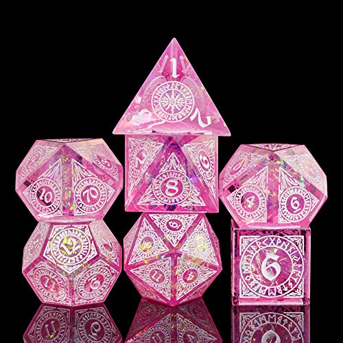 Cusdie 7-Piece Polyhedral DND Dice Set with Sharp Edges, Handcrafted Dice Featuring Rune-Inspired Designs for Role Playing Games (Pink) - color: Pink Pattern-pink White
